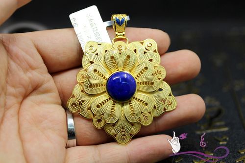 【新品 景泰蓝珐琅掐丝镶青金石925纯银鎏24k金大花吊坠 q-18】新品